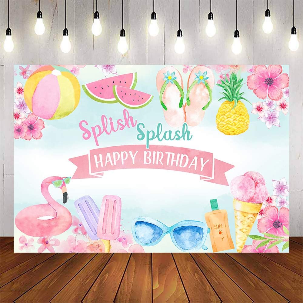 Avezano Girls Watercolor Summer Birthday Party Banner,Splish Splash Pool Party Birthday Bash,Pool Flamingo Ice Cream Summer Holiday Decoration Props (8x6ft)