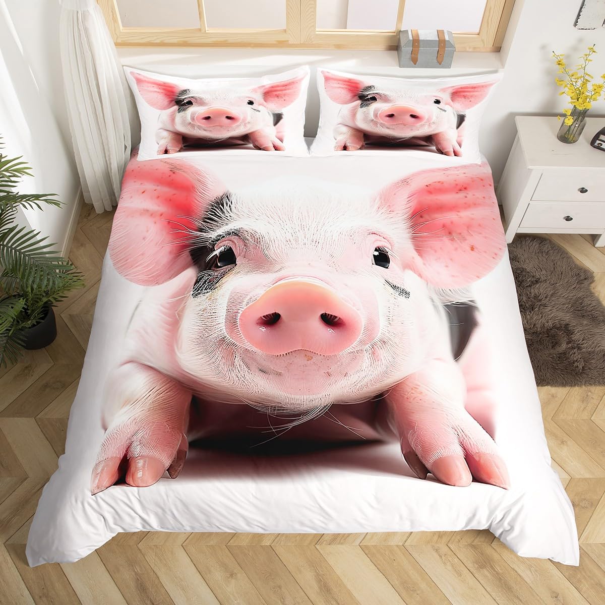 Erosebridal Pig Comforter Cover, Lovely Animal Printed Duvet Cover Set Full Size for Kids Boys Girls Children, Cute Pet Bedding Set White Breathable Bedspread Cover Bedroom Décor, with 2 Pillow Cases