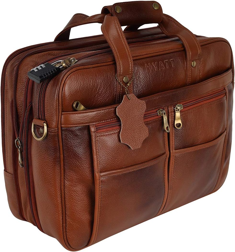 16 Inch 24 litres Capacity Leather Laptop Office Briefcase for Men Upto16 inch Laptop Compartment Dimension-L-16 X H-12 X W-6 Inch Weight-1.4 KG (Brown)