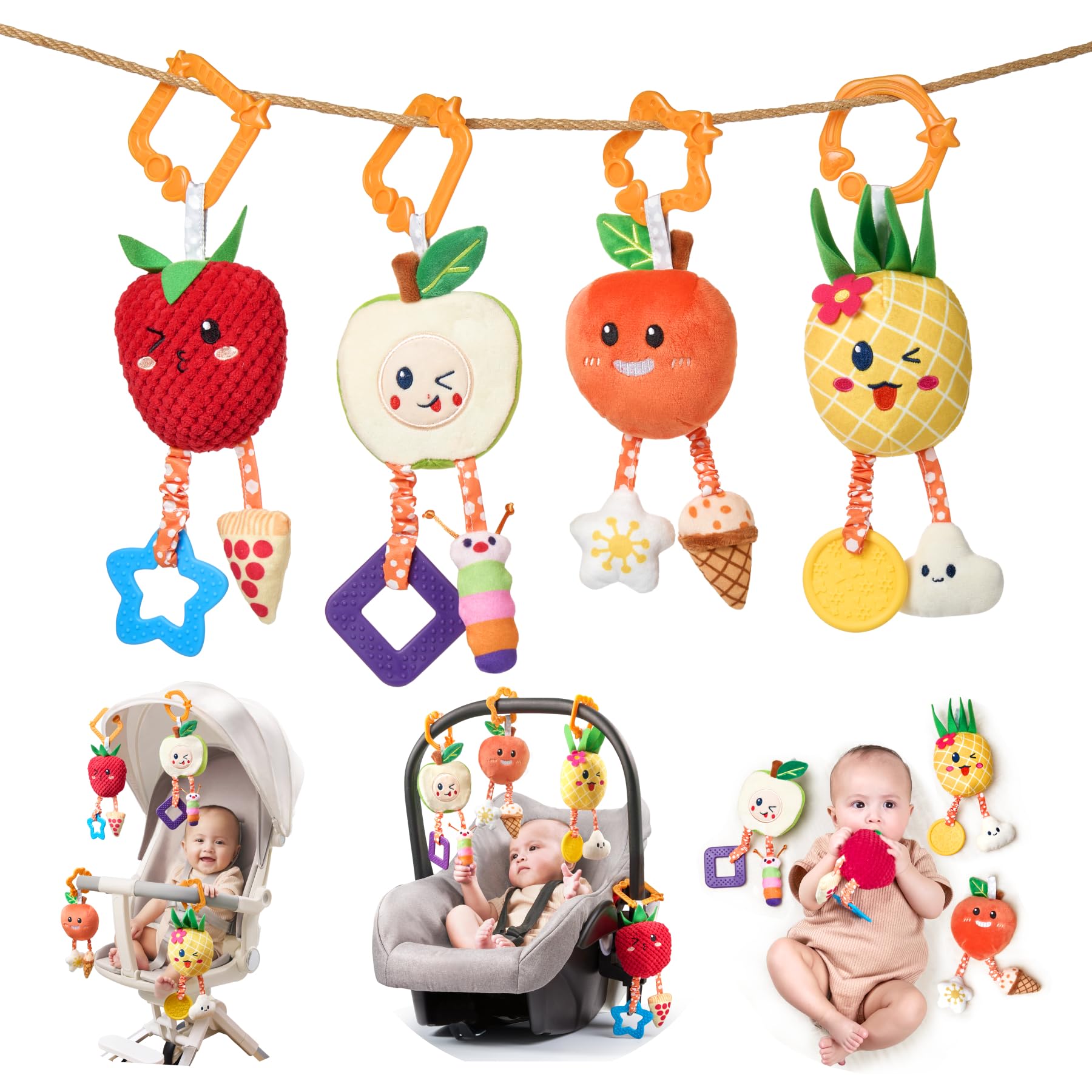 OR OR TU Giochi Neonato 0 3 6 9 Mesi Sonaglio Neonato con Campana Teether 4 pezzi Peluche Frutta Baby Giochi Sensoriali Auto Culla Passeggino Giocattolo per Regalo Neonata