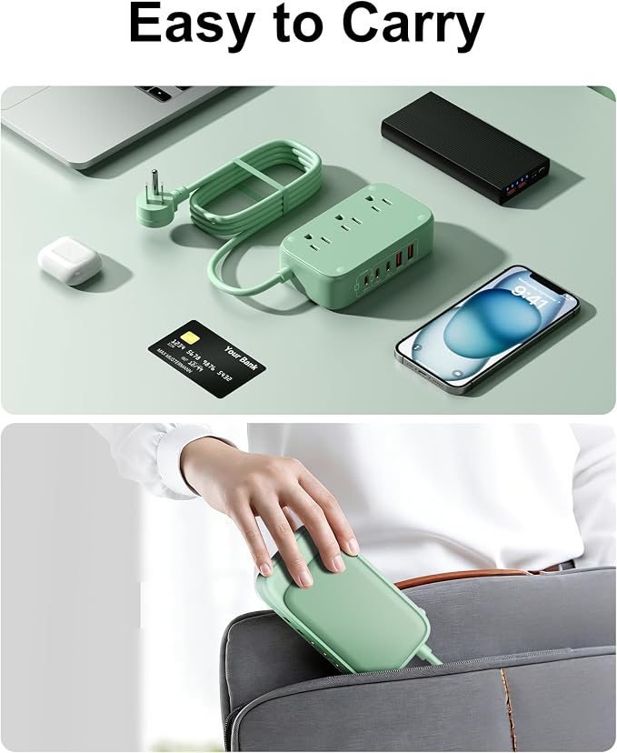 Estación de carga USB 5FT con tomas, regleta de alimentación con USB tipo C plana para viaje cargador PD 20W con 2500W tomas AC, 3 puertos USB-C, 2 puertos USB-A para casa/oficina/viaje miniatura 6