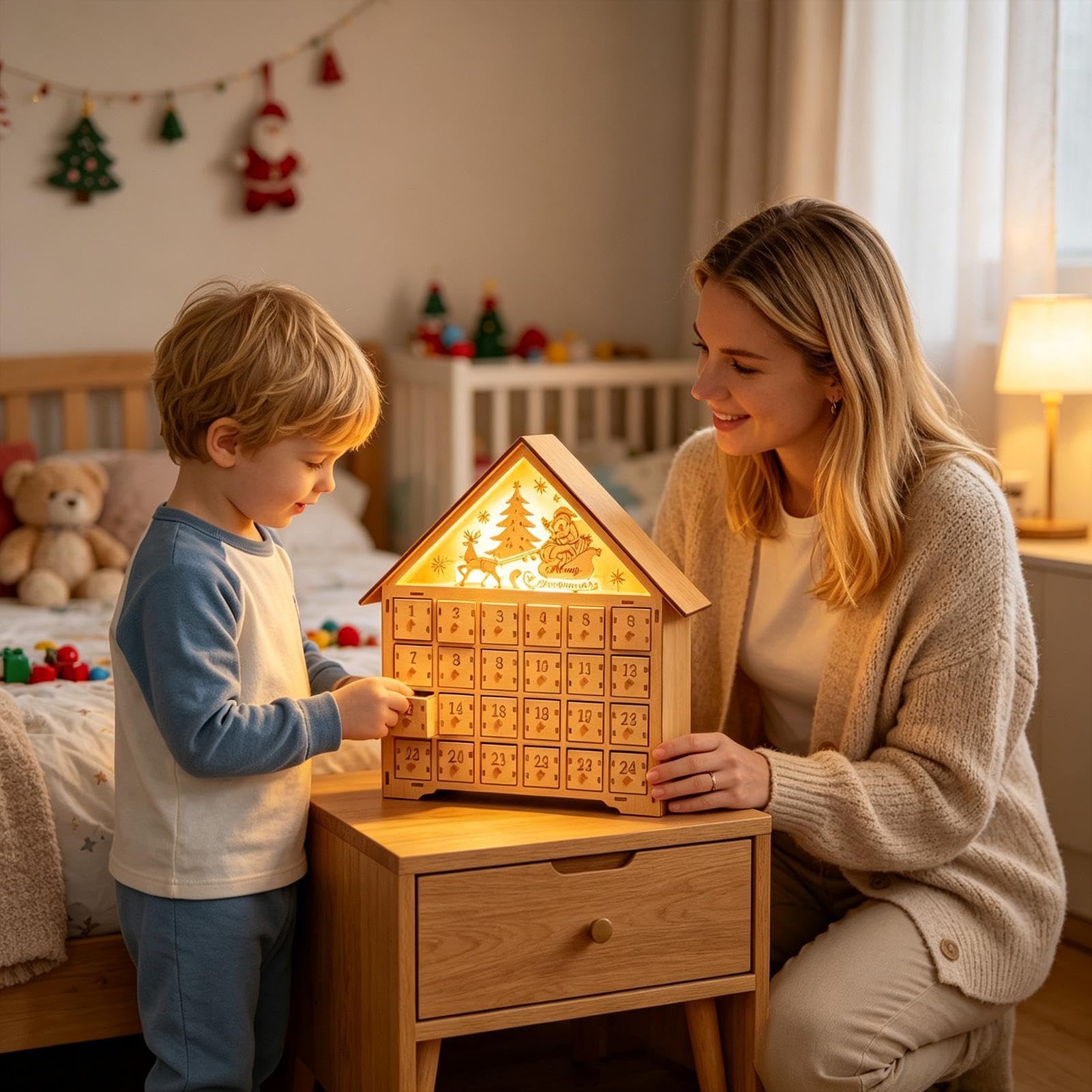 Calendario dell'Avvento per Natale, mobile da scrivania in legno a forma di