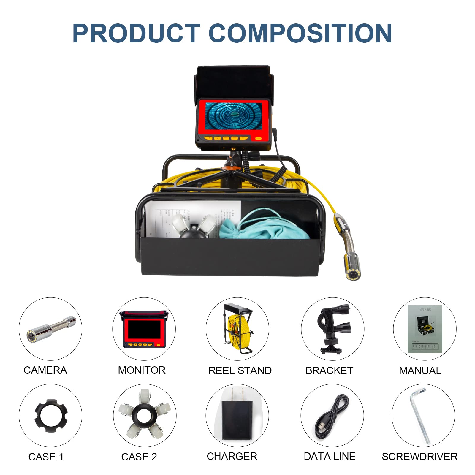 Cámara de alcantarillado, cámara de tubo SYANSPAN con pantalla LCD de 4.3 "1000TVL 164FT Cable de serpiente Industrial 17MM Boroscopio Sistema de cámara de inspección IP68 (50M)