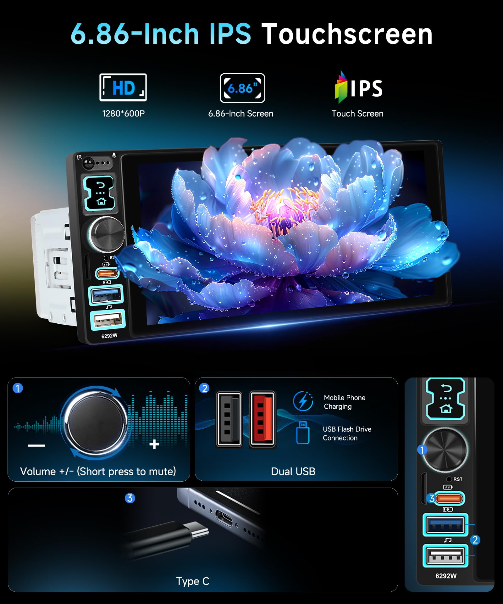 VECHTEL 6,8" Autoradio 1 Din con Carplay Android Auto Wireless,Bluetooth Radio FM con touchscreen IPS,inchiostro a specchio,EQ,WiFi Navi GPS,USB/Type-C,autoradio con schermo/comandi al volante
