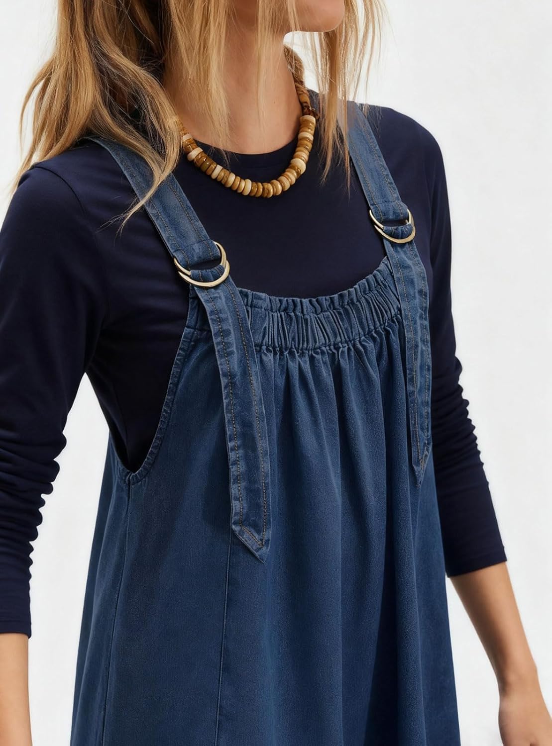 loveimgs Women Loose Straps Long Denim Overall Dress Maxi Jean Jumper Bib Overall Pinafore Dress Patchwork Pockets