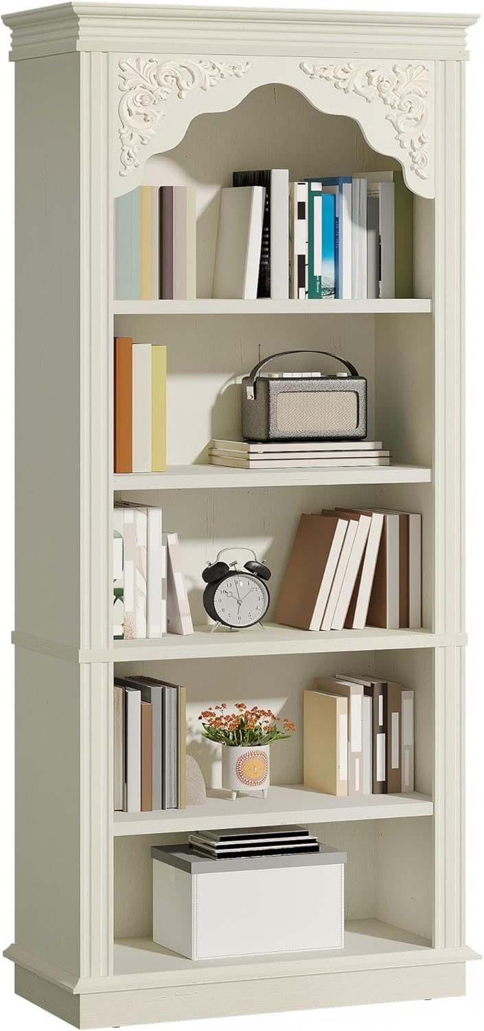 YITAHOME Vintage 72.4" Tall Bookshelf, 5-Tier Arched Bookcase with Storage, Roman Columns and Classical Carved Design, Open Display Rack with Adjustable Shelves for Living Room and Home Office, White
