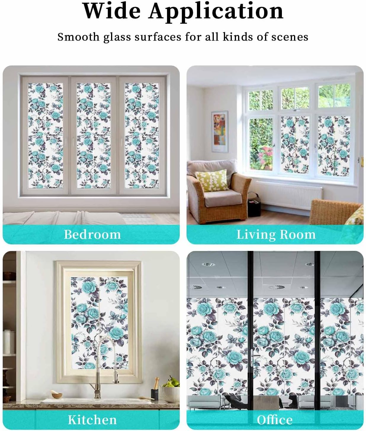 Window Privacy Film Turquoise Rose Window Clings for Glass Leaf Floral Vintage Style Decorative Windows Film Static Cling Frosted Sticker Covering for Home Bathroom Living Room Office 29.5"x78.7"