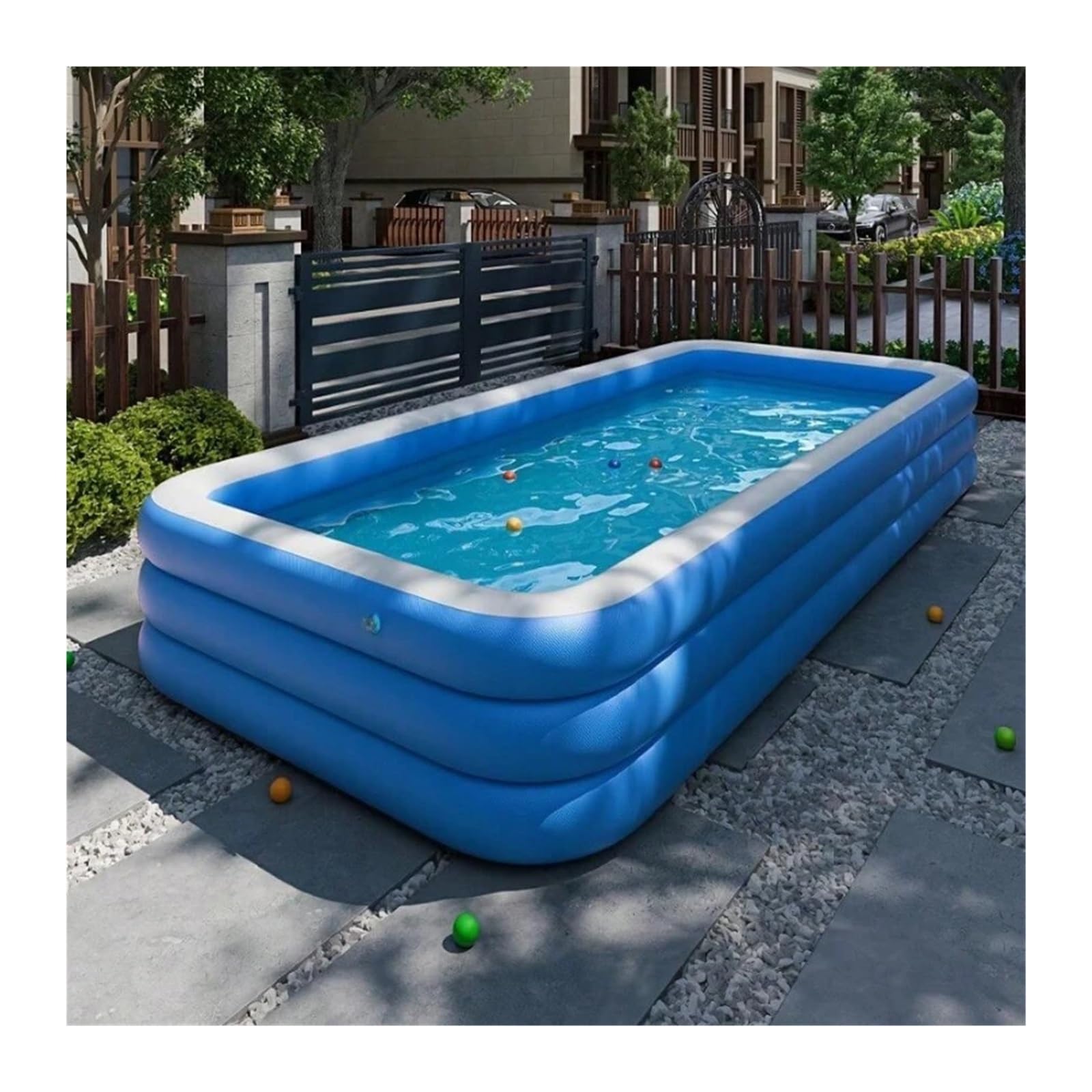 Aufblasbarer Pool, quadratisch, für Familien mit einem Boden, erhöht und verdickt, mit drei Ringen, blau und weiß, große Schwimmbäder für zu Hause(L)