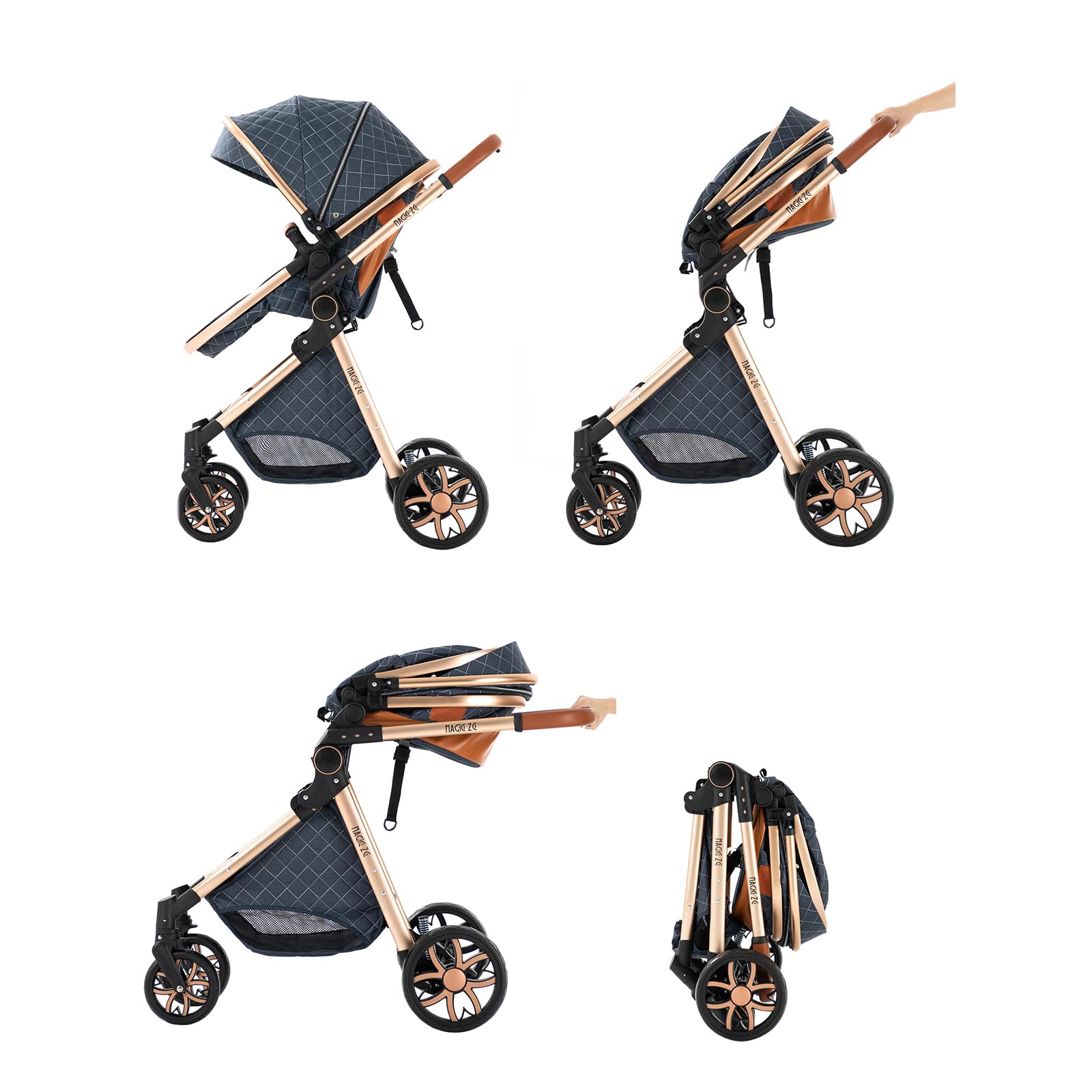 Poussette 3 en 1 de Luxe Pour Bébé Avec Berceau Réversible, Supports de Landau Pliants à Un Bouton, Poussette Bébé de Voyage Compacte et Portable（Bleue)