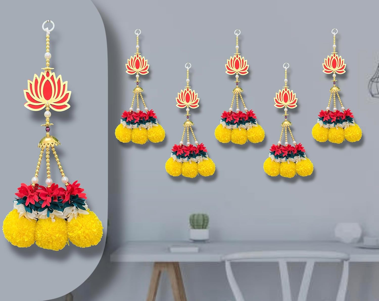 Handmade Decorative Lotus Toran with Beads, Jali Ganesh & Pom Pom for Flower Bell, Size - 40x9 Inch, Perfect Used for - Home Decor, Festival & Wedding Decoration, (T0073)