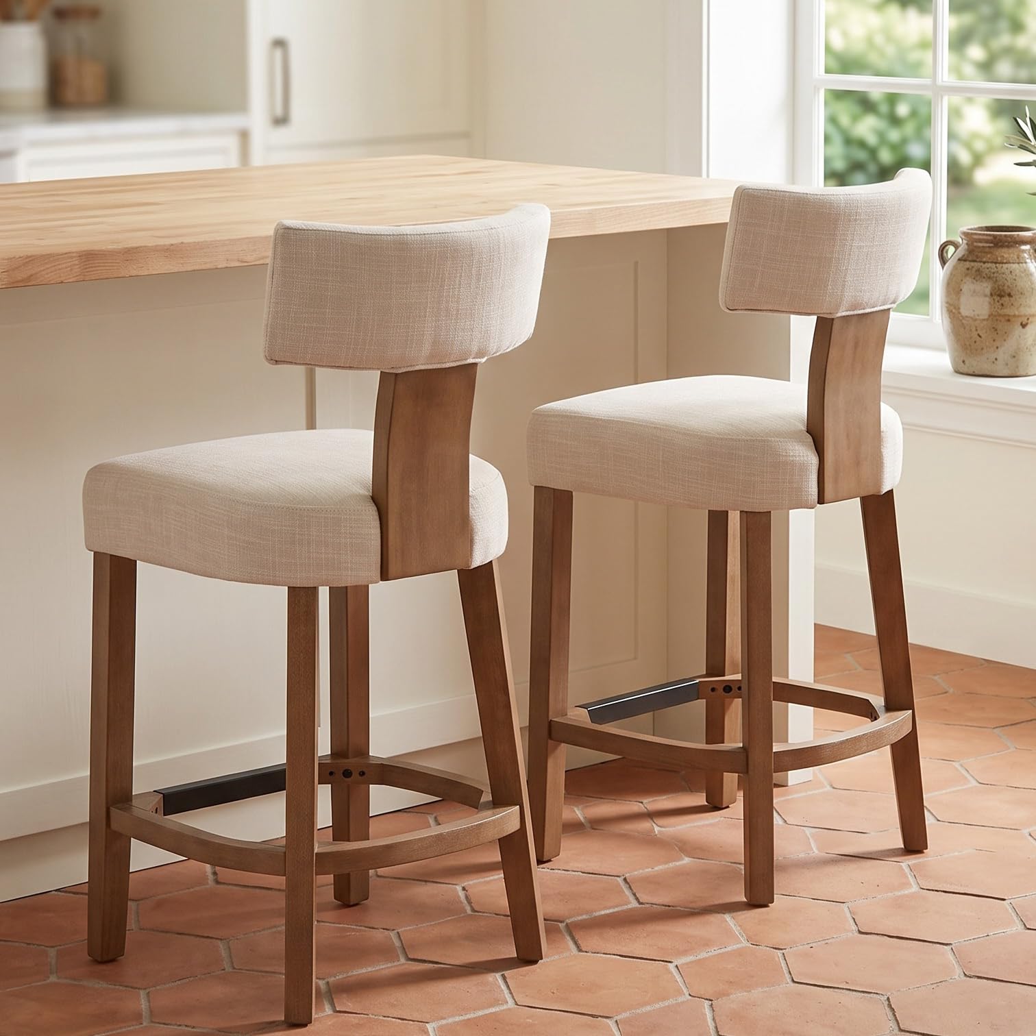 RIVOVA 26” Counter Stools Set of 2 Counter Height Bar Stools Modern Kitchen Bar Stools with Back and Solid Wood Legs, Farmhouse Upholstered Linen Island Stools Countertop Bar Chairs, Beige