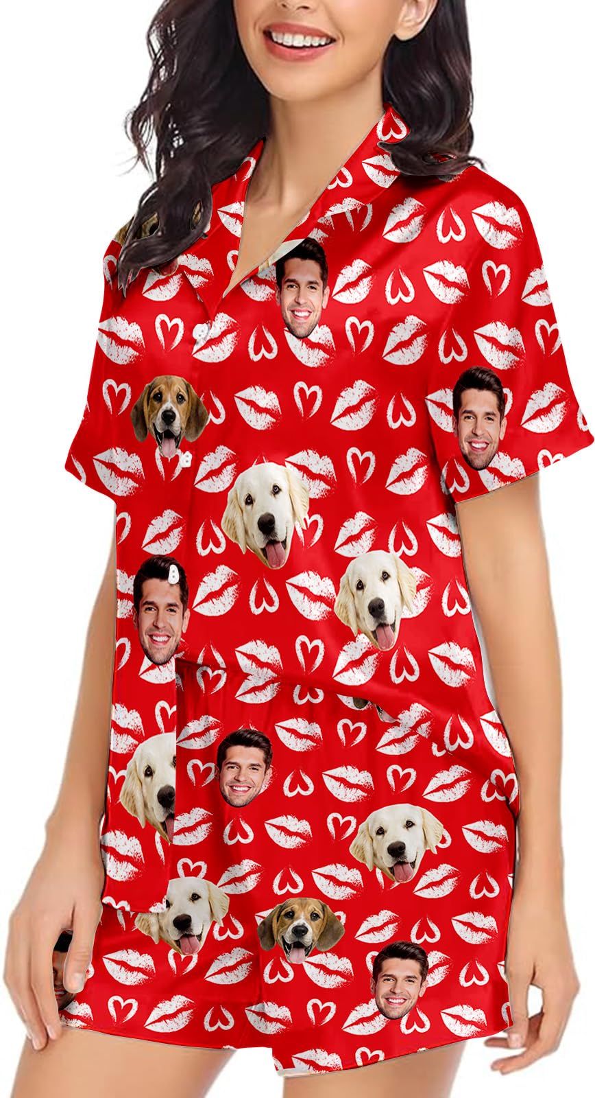 LUCKY ANDA Custom Face Pajamas Set for Men Women, Personalized Button Down 2 Piece Sleepwear Pjs Lounge Sets