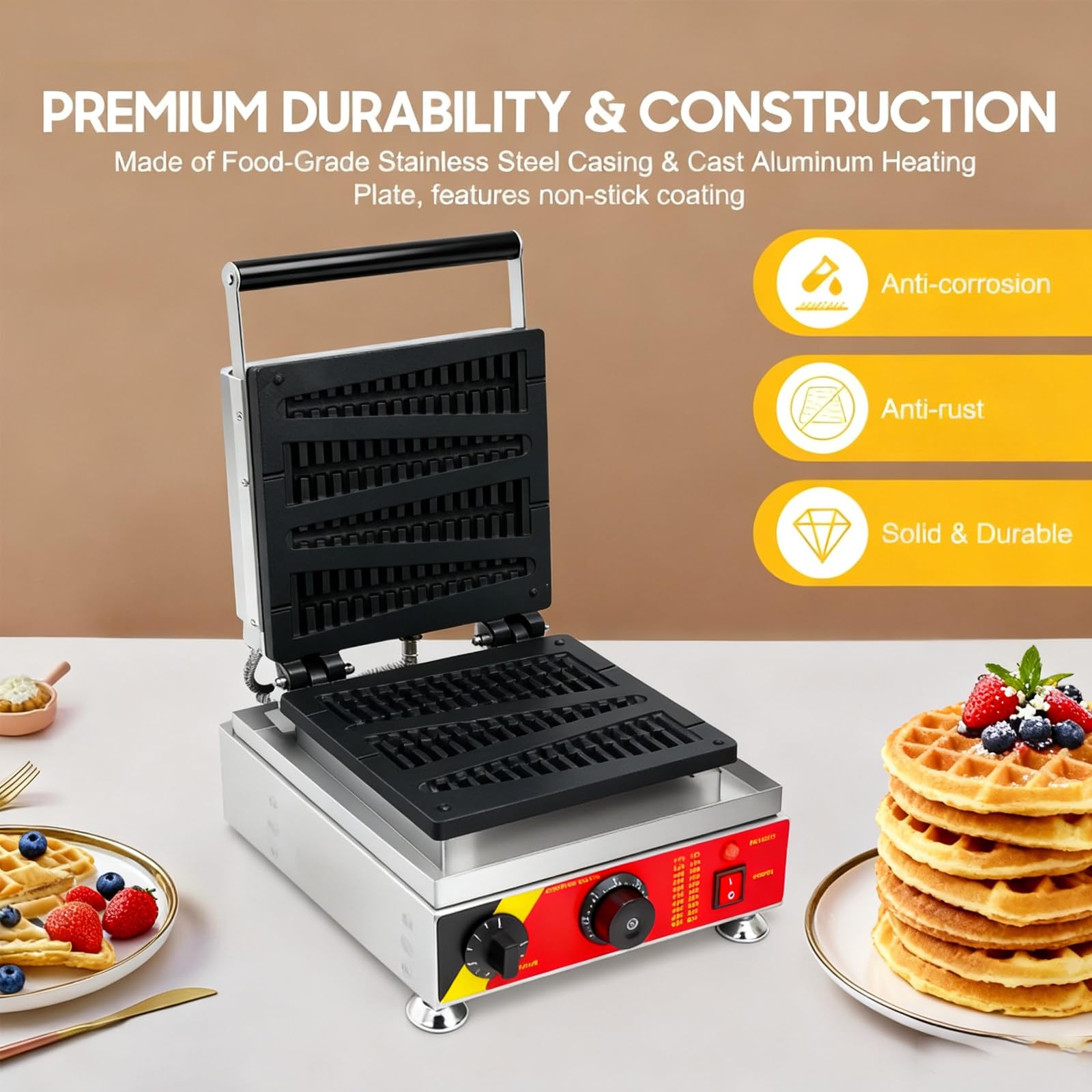 Gofrera Industrial, 1,6 Kw, Termostato Ajustable De 0 A 300 °C Y Temporizador De 1 A 5 Minutos. Ideal para Preparar Gofres, Conos Y Stroopwafels Cada Ocasión