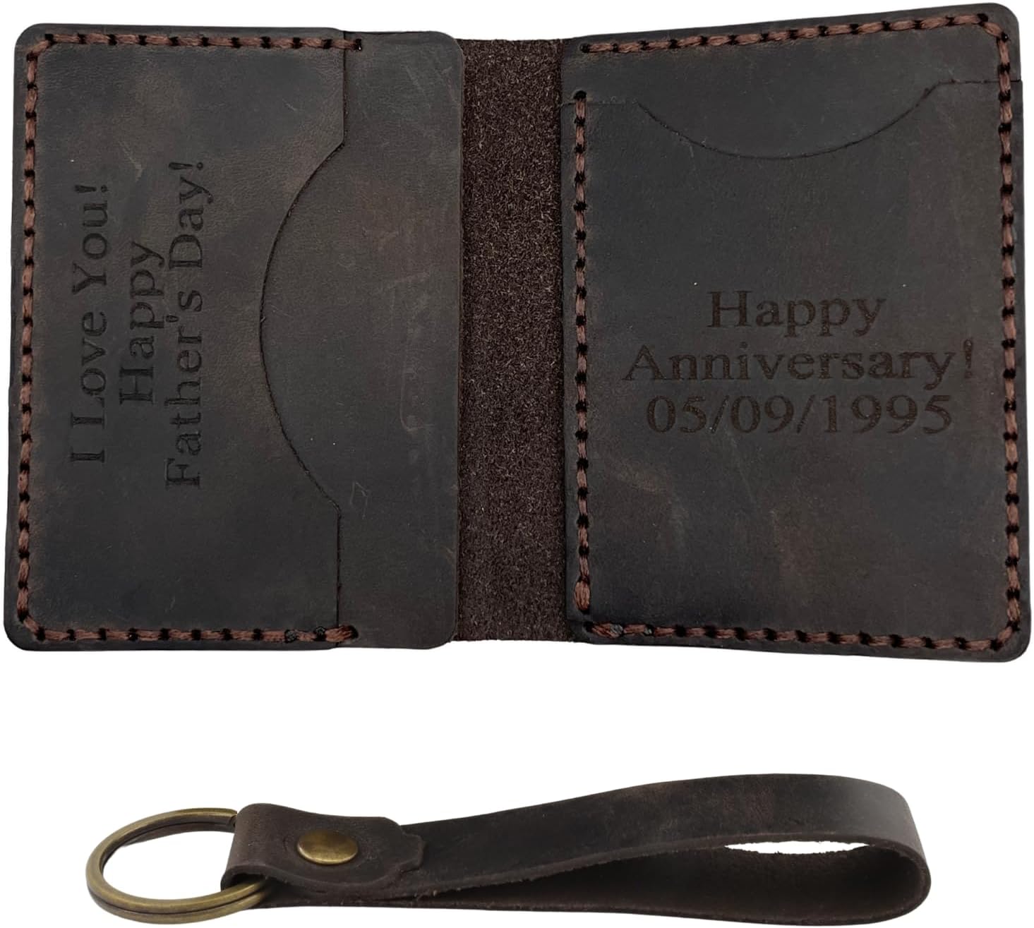 Personalized Engraved Minimalist Genuine Leather Wallet for Men and Women, Custom Card Holder Wallets with 4 Card Slots with Keychain and Giftbox, Gifts for Birthdays, Christmas (Dark Brown)