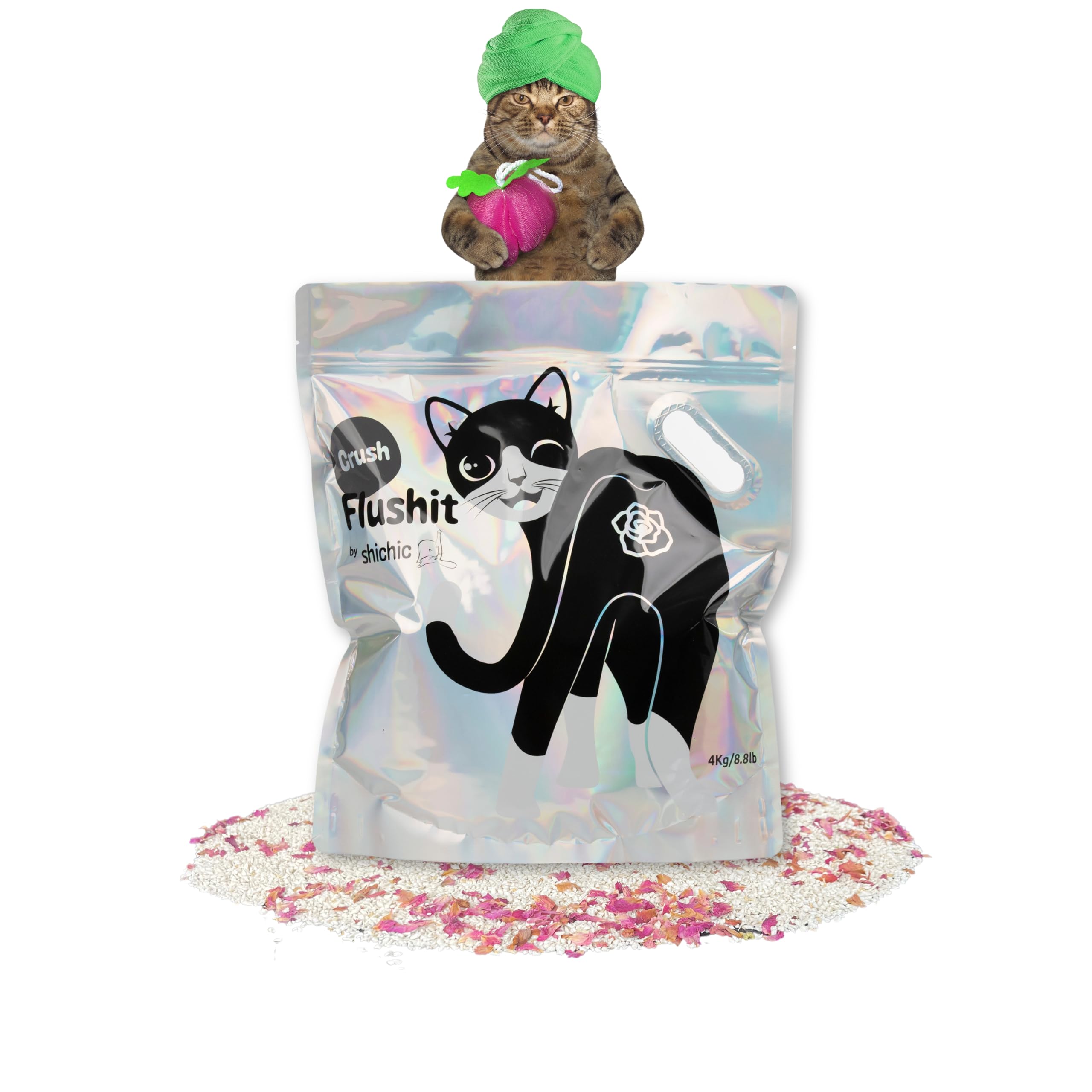 Flushit - Arena orgánica de mezcla de plantas | Textura triturada compatible con robots de arena | Arena ecológica | Ingrediente de grado alimenticio apto para gatos | Pétalos de rosa naturales y