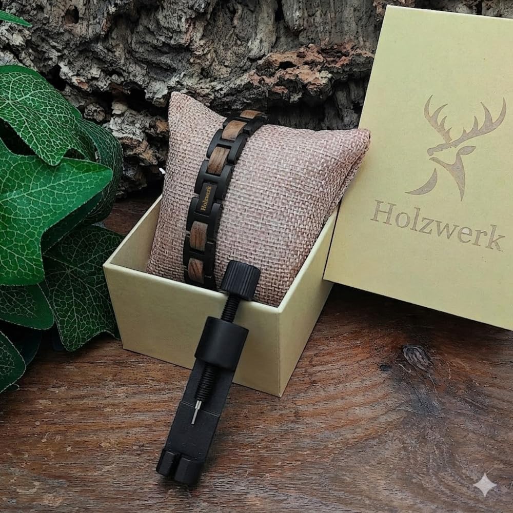 Holzwerk UNTERSEE Natur Holz Armband für Damen und Herren Holzarmband Herrenarmband Damenarmband Schwarz Braun Einstellbar inkl. Armbandkürzer und Aufbewahrungsbox