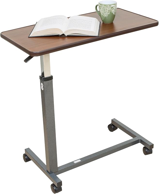 Essential Medical Supply Height Adjustable Automatic Overbed Table - Woodgrain Top with Locking Wheels, Perfect for Hospital and Home Use - Table for Easy Access and Convenience for Adults and Seniors