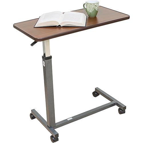 Essential Medical Supply Height Adjustable Automatic Overbed Table - Woodgrain Top with Locking Wheels, Perfect for Hospital and Home Use - Table for Easy Access and Convenience for Adults and Seniors