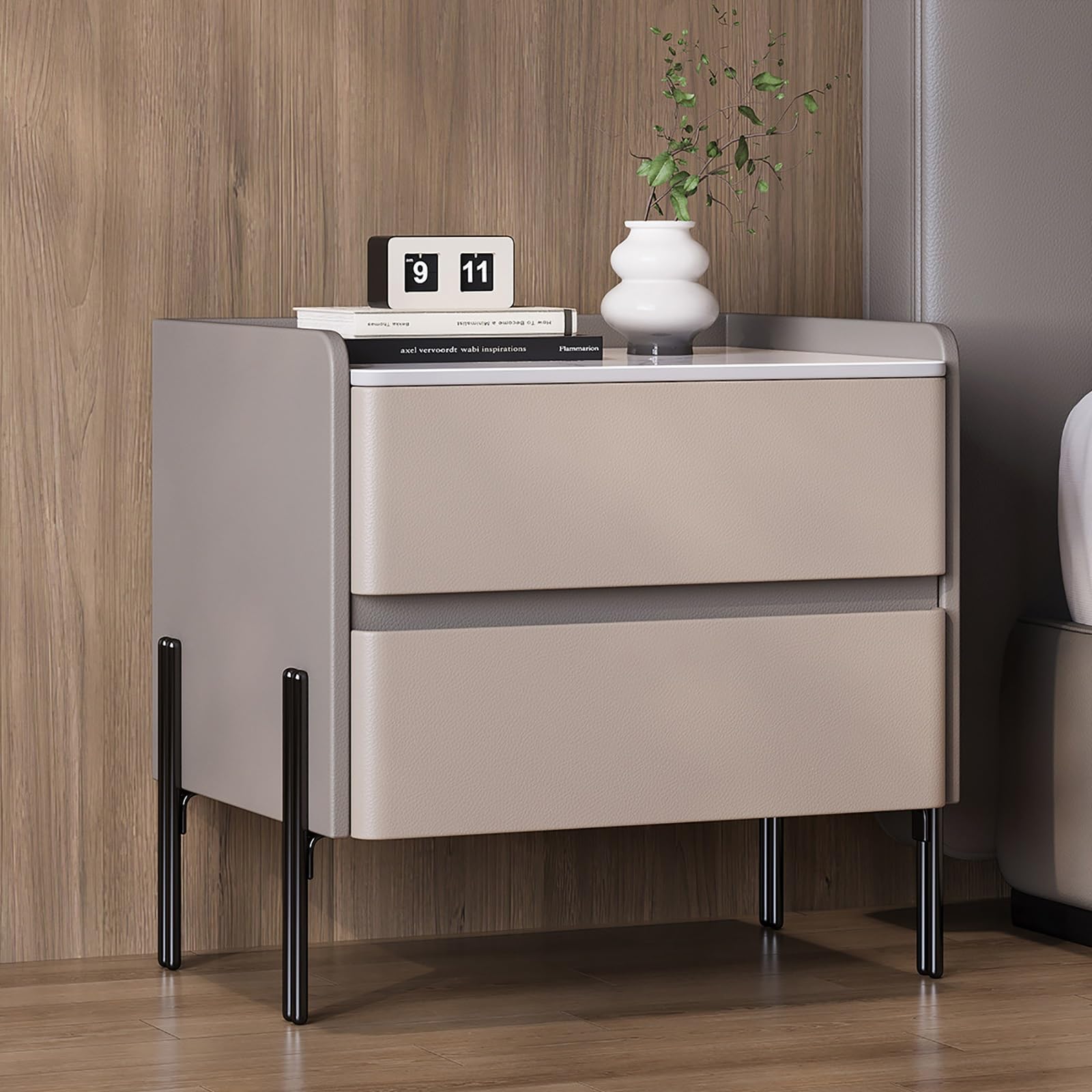 SXZenSpace Modern Nightstand with Rock Slab Tabletop, Bedside Tables 2 Drawers, Solid Wood Night Stands for Bedroom(Gray,40x40x50cm)