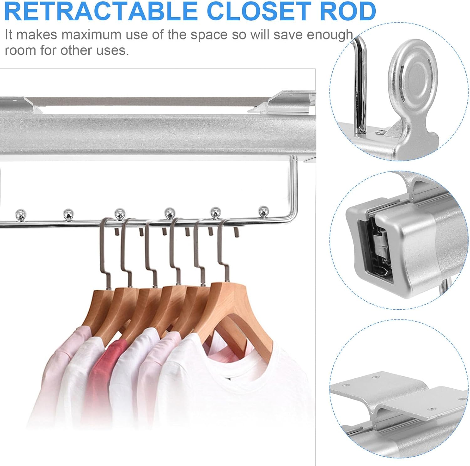Extendable Dual Rail Closet Rod, Silver Finish Top Mounted Clothes Rack Organizer, Pull-out Wardrobe Clothing Rail for Bedroom and Storage Closets