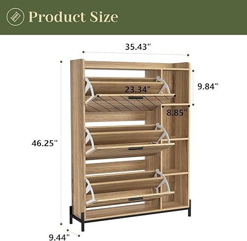 Miniatura 2 de Gabinete de zapatos con 3 cajones abatibles y estantes, organizador de zapatos independiente de madera, escondido delgado y estrecho para entrada,