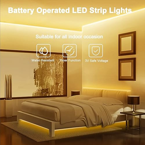 Vista 9 de Tira de luces LED que funciona con pilas, 90 luces LED de 9.8 pies con temporizador remoto regulable, tira de luces flexibles impermeables