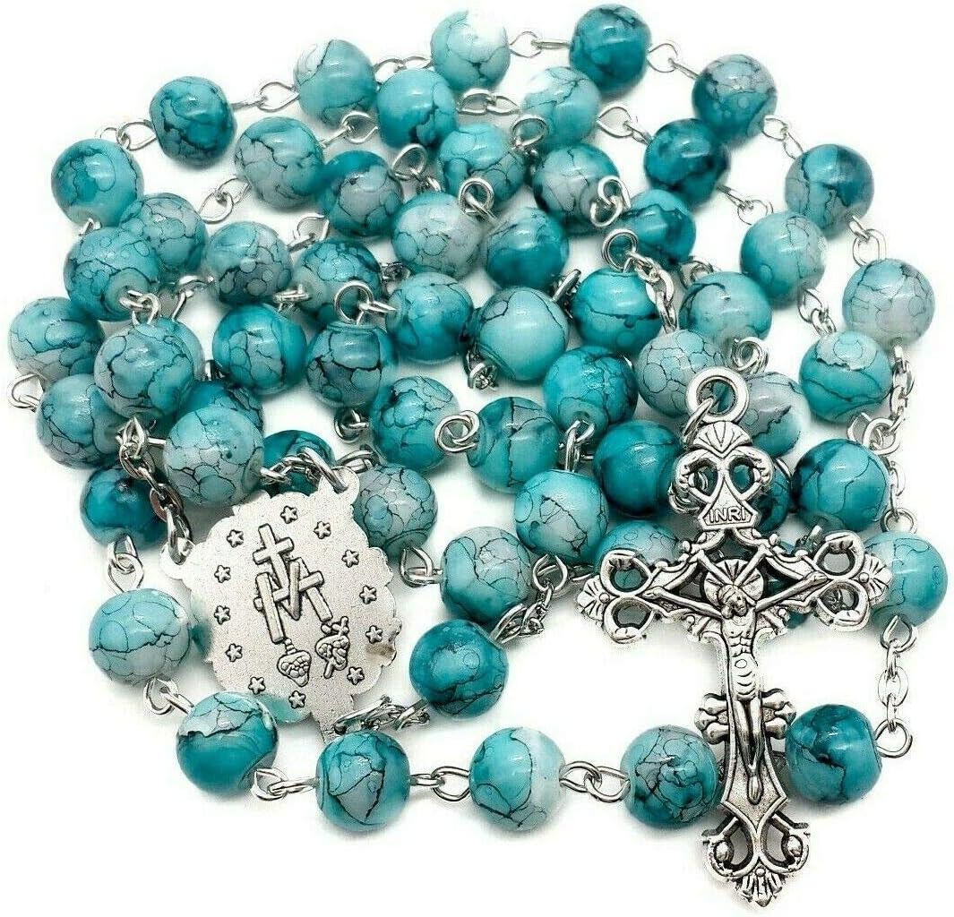 Nazareth Store Catholic Green Glass Beads Rosary Necklace Miraculous Medal & Cross Velvet Bag