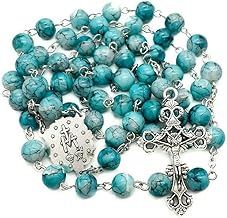 Nazareth Store Catholic Turquoise Marble Glass Beads Rosary Necklace Miraculous Medal and Cross - Velvet Pouch