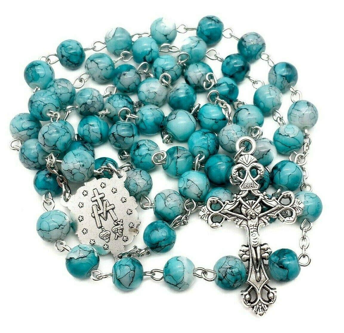 Nazareth StoreCatholic Green Glass Beads Rosary Necklace Miraculous Medal & Cross Velvet Bag