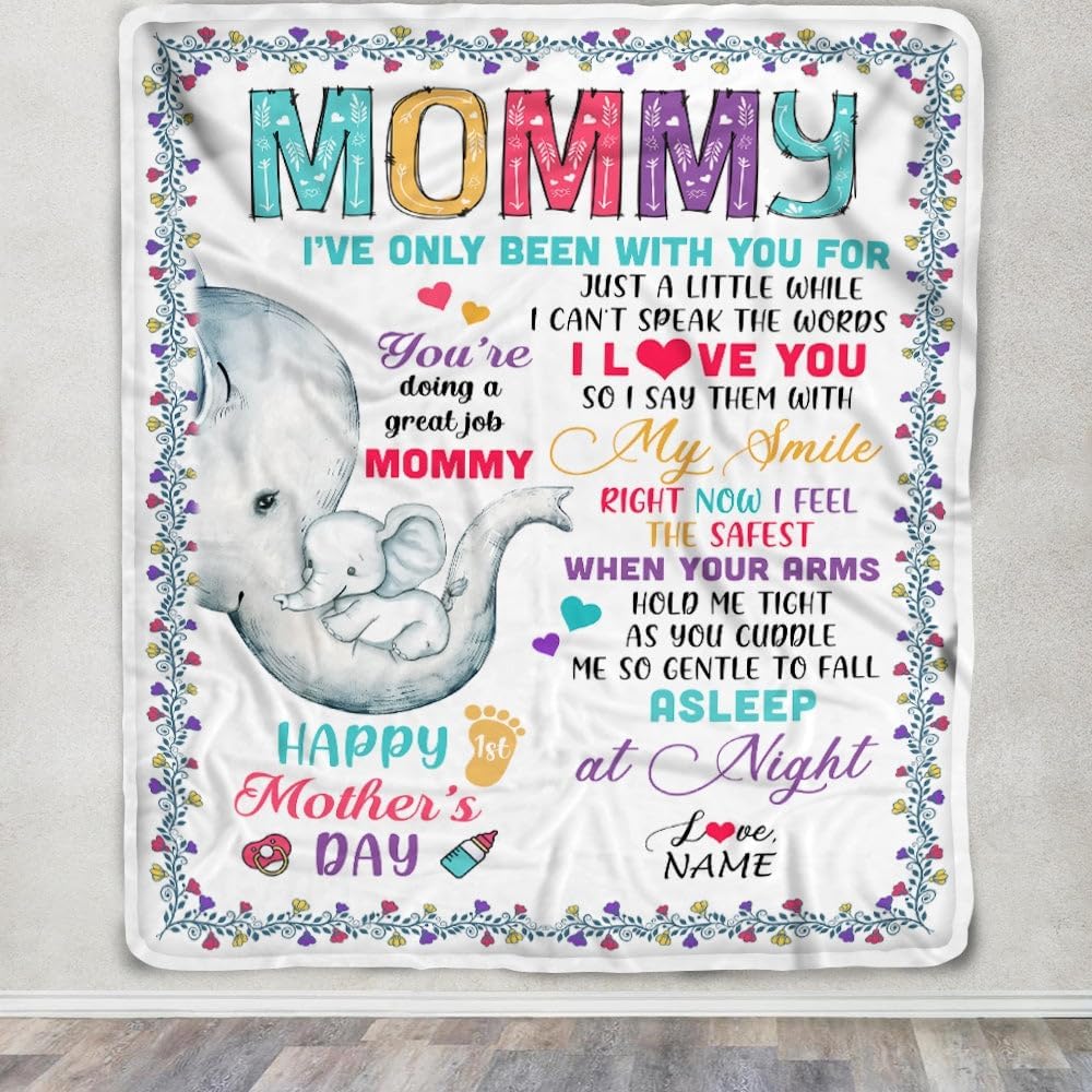 Personalized to My Mommy Blanket First Time Mom Elephant You are Doing A Great Job Happy 1st Mothers Day Custom Baby Name to Mother Customized Fleece Blanket (30 x 40 in Baby Size)