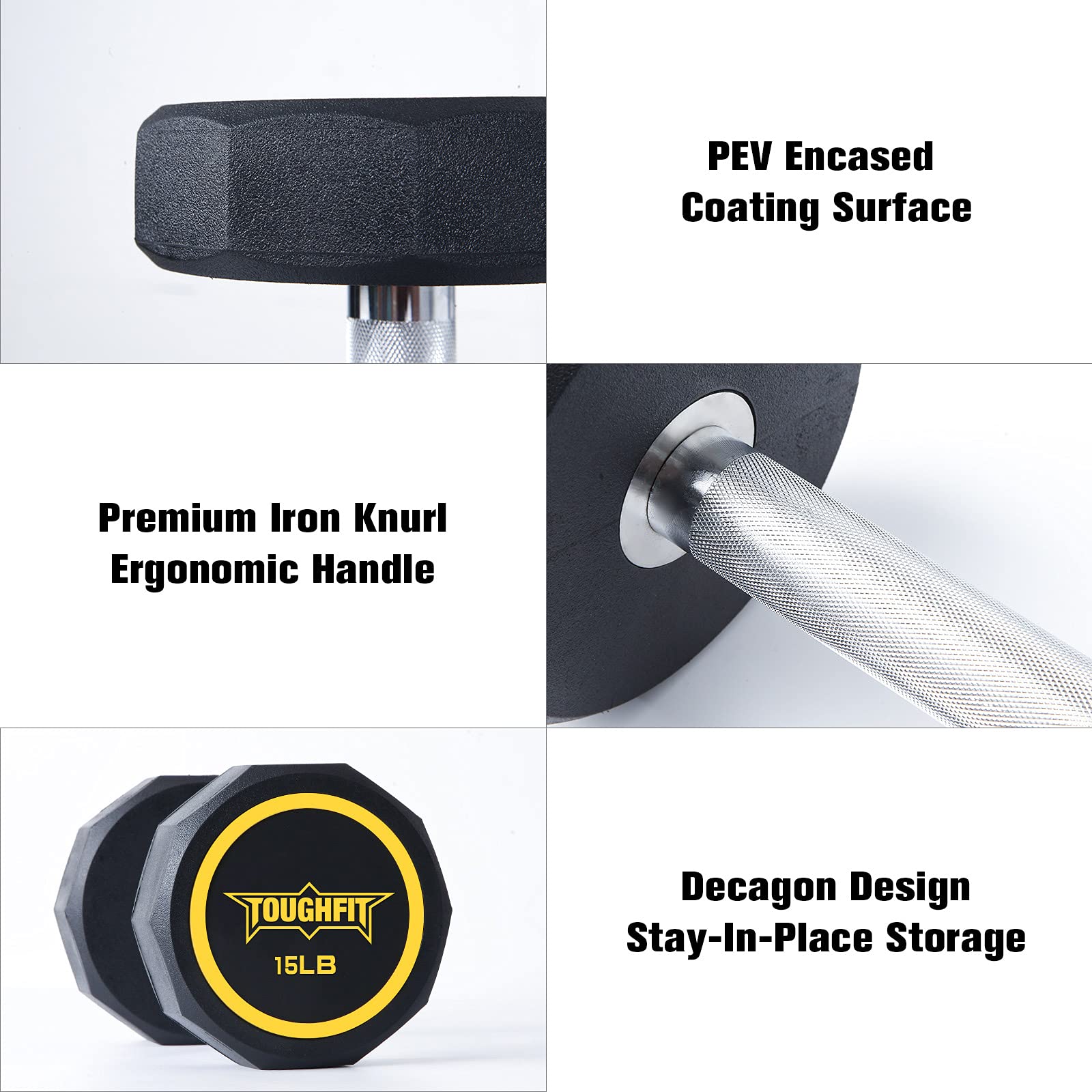 ToughFit Decagon Dumbbell Set - PEV Encased Coated Black Dumbbells - Free Weights with Non-slip knurl Iron Handle in Pairs or Single for Strength Training, Home Gym, Workouts(50 Pounds, Pair)