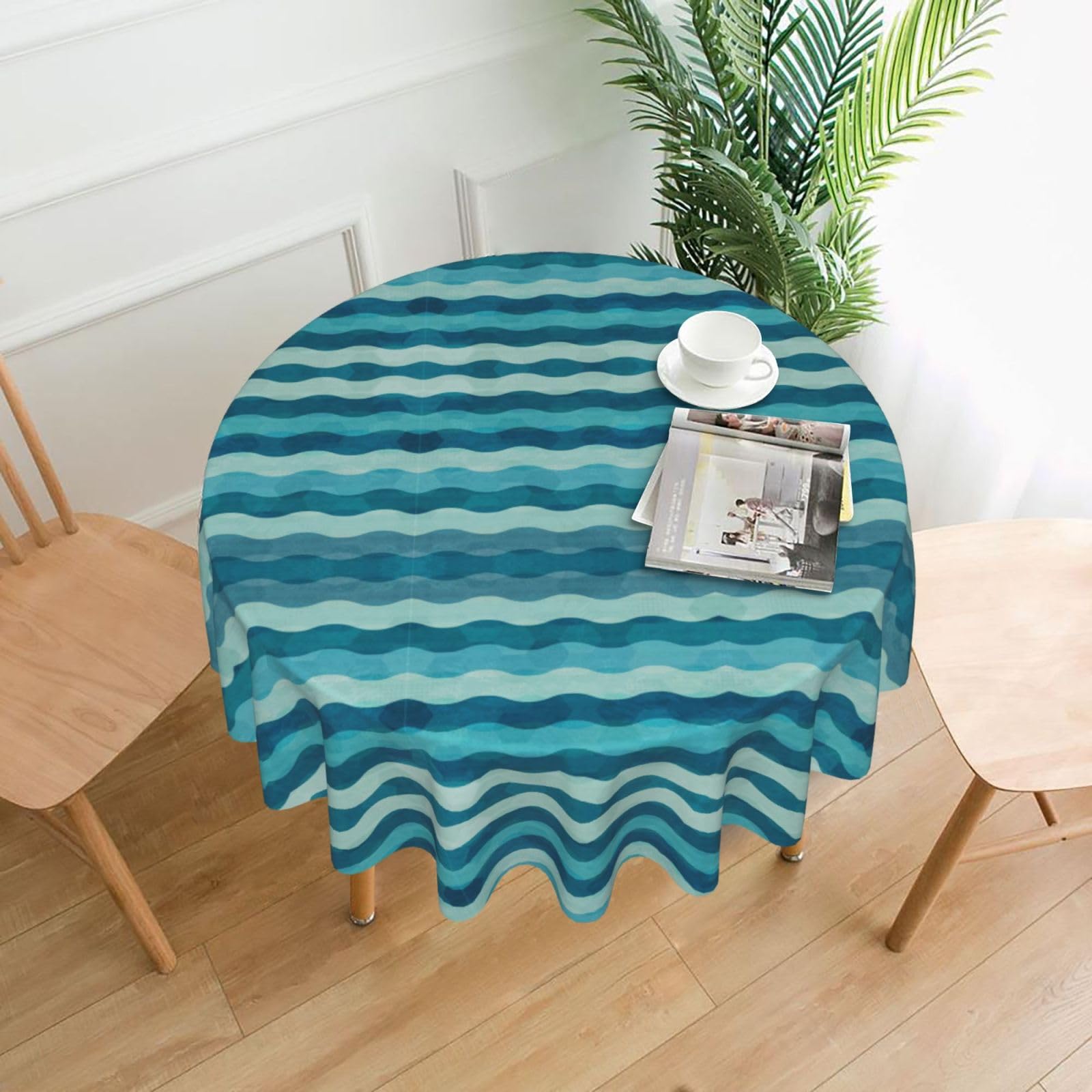 SDEGTHO Blue Wave Stripe Print Modern Retro Round Tablecloth 60in Polyester Fabric Cover for Party Dining Table Washable