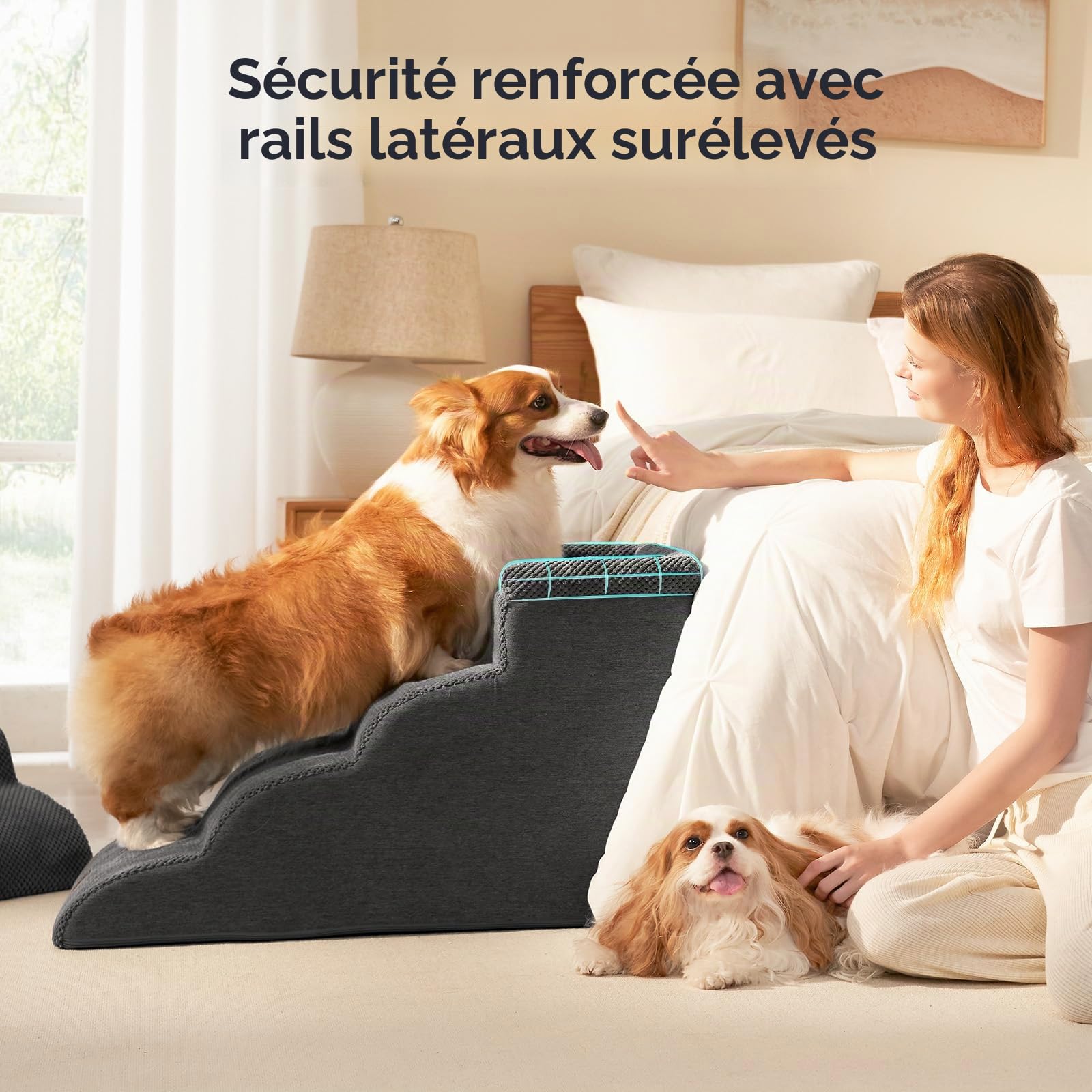 EHEYCIGA Escalier Chien 4 Marches 44.7cm H, Rampe Chien pour Canapé Lit | Mousse Haute Densité, Surface Antidérapante, Housse Amovible et Lavable, Pour Petits Chiens et Chats, Gris