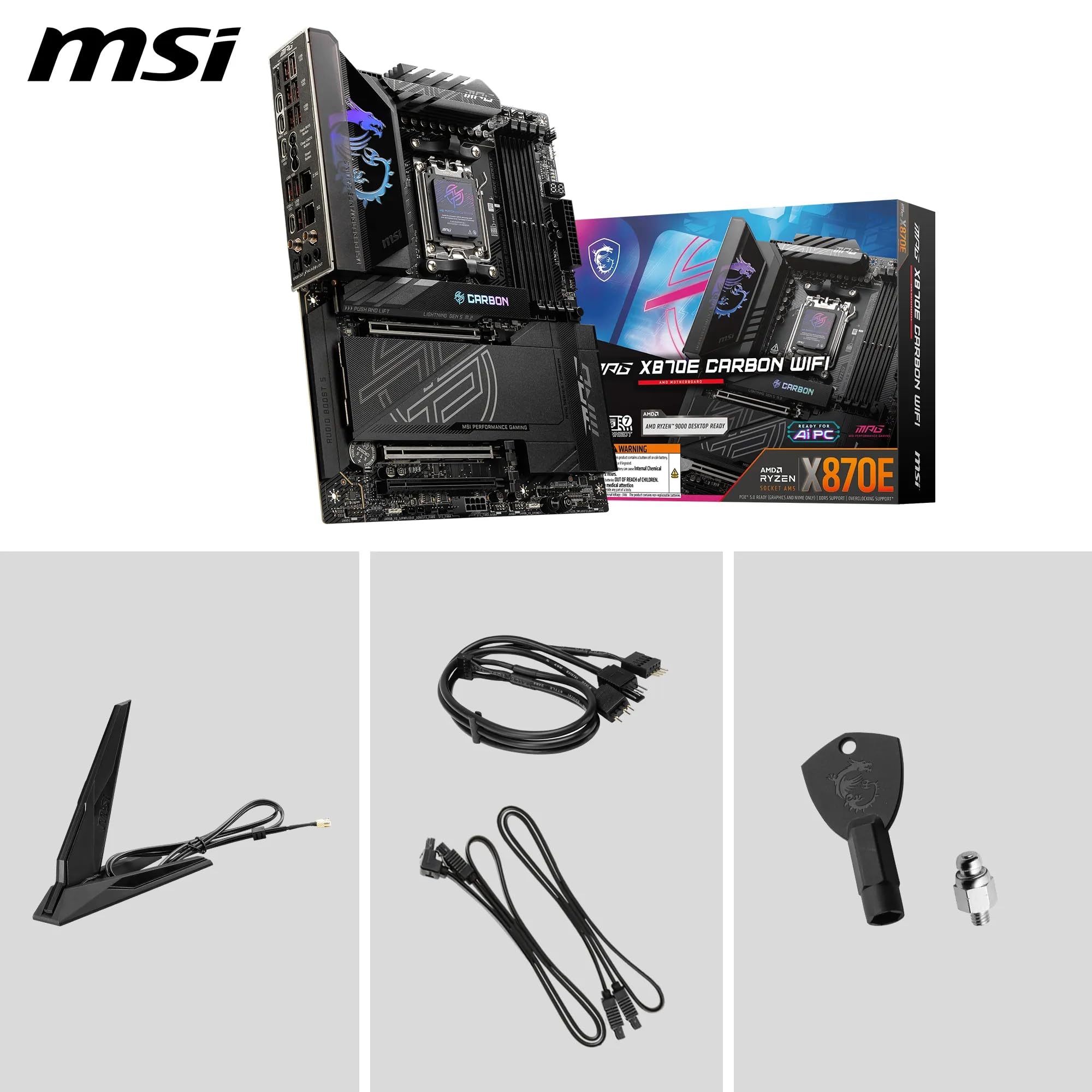 MSI MPG X870E Carbon WiFi płyta główna, ATX - obsługuje procesory AMD Ryzen 9000/8000/7000, AM5-110A SPS VRM, DDR5 Memory Boost 8400+MT/s (OC), PCIe 5.0 x16 i 4.0 x16, M.2 Gen5, Wi-Fi 7, 5G LAN