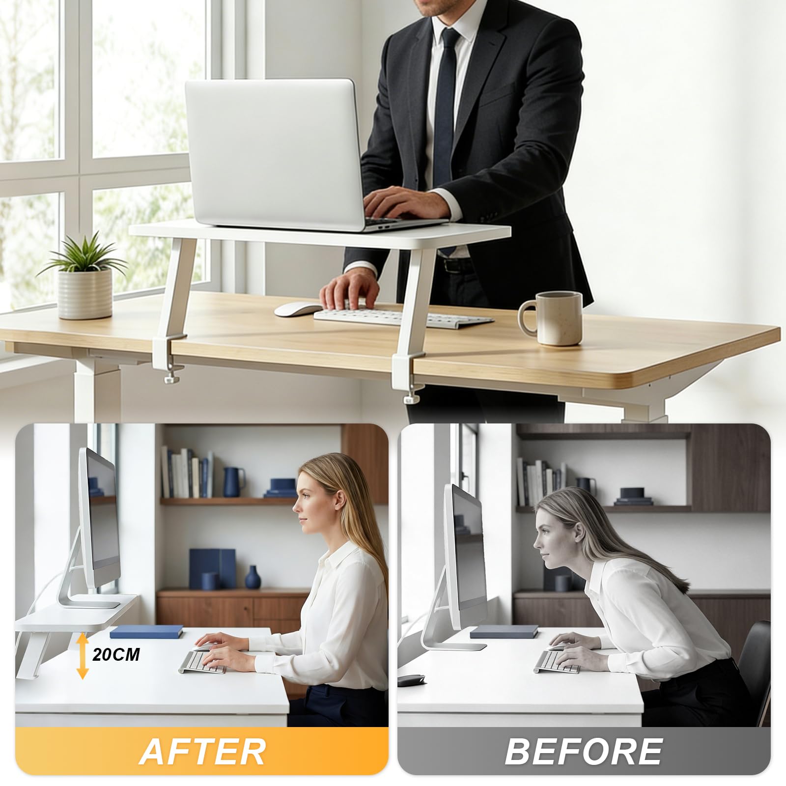 Supporto Rialzato Monitor Ergonomico Acciaio 60x20cm, Fissaggio a Morsetto per Scrivanie 15-35mm (Bianco)
