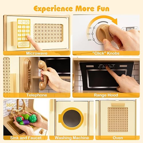 Miniatura 5 de HONEY JOY Juego de cocina, juego de cocina de juguete de madera con diseño de ratán para niños pequeños, estufa con luces y dispensador de agua,