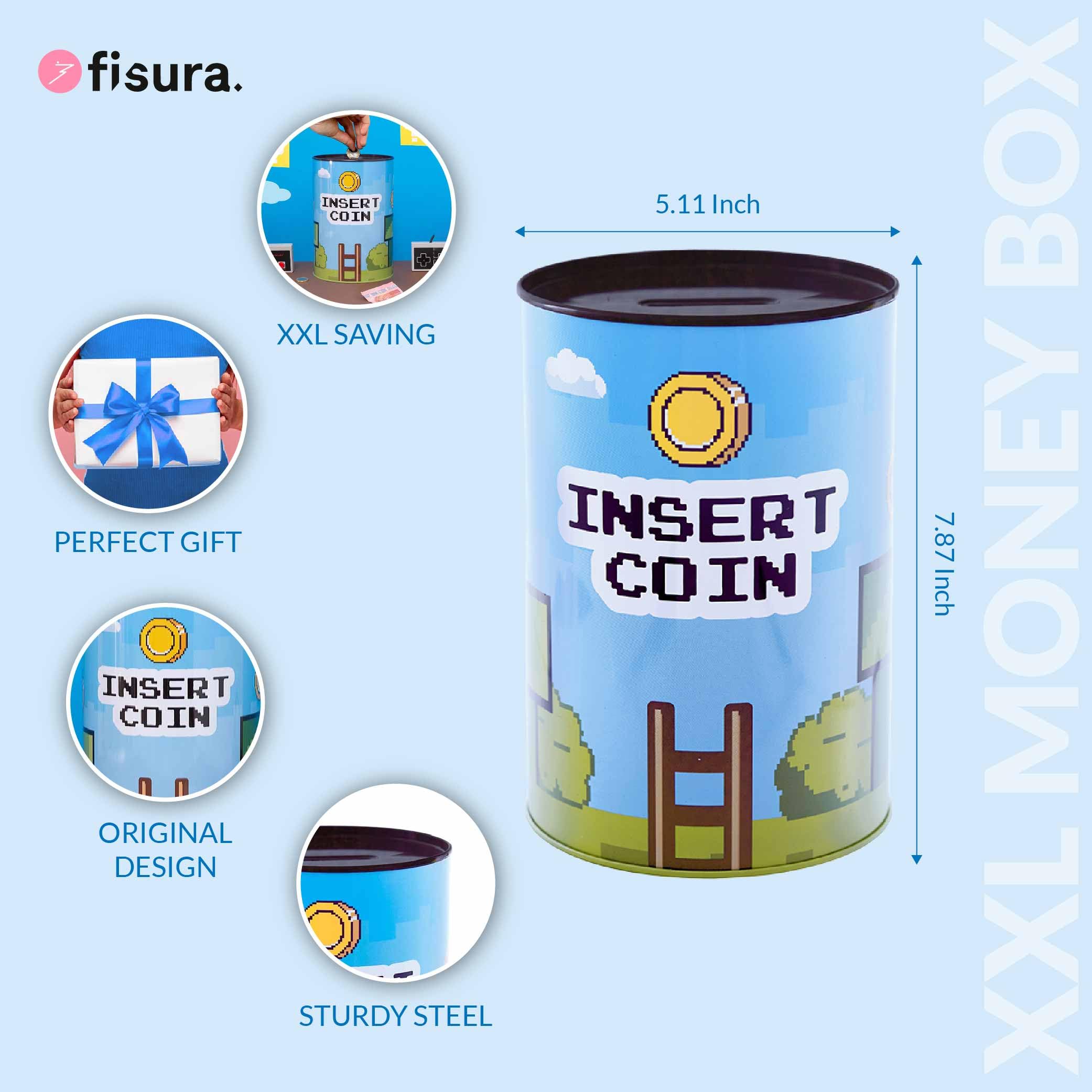 FISURA, Original XL “Insert Coin” Piggy Bank, Tin Piggy Banks for kids & adults, Gamer Gift, Blue and Green Piggy Bank - Image 2