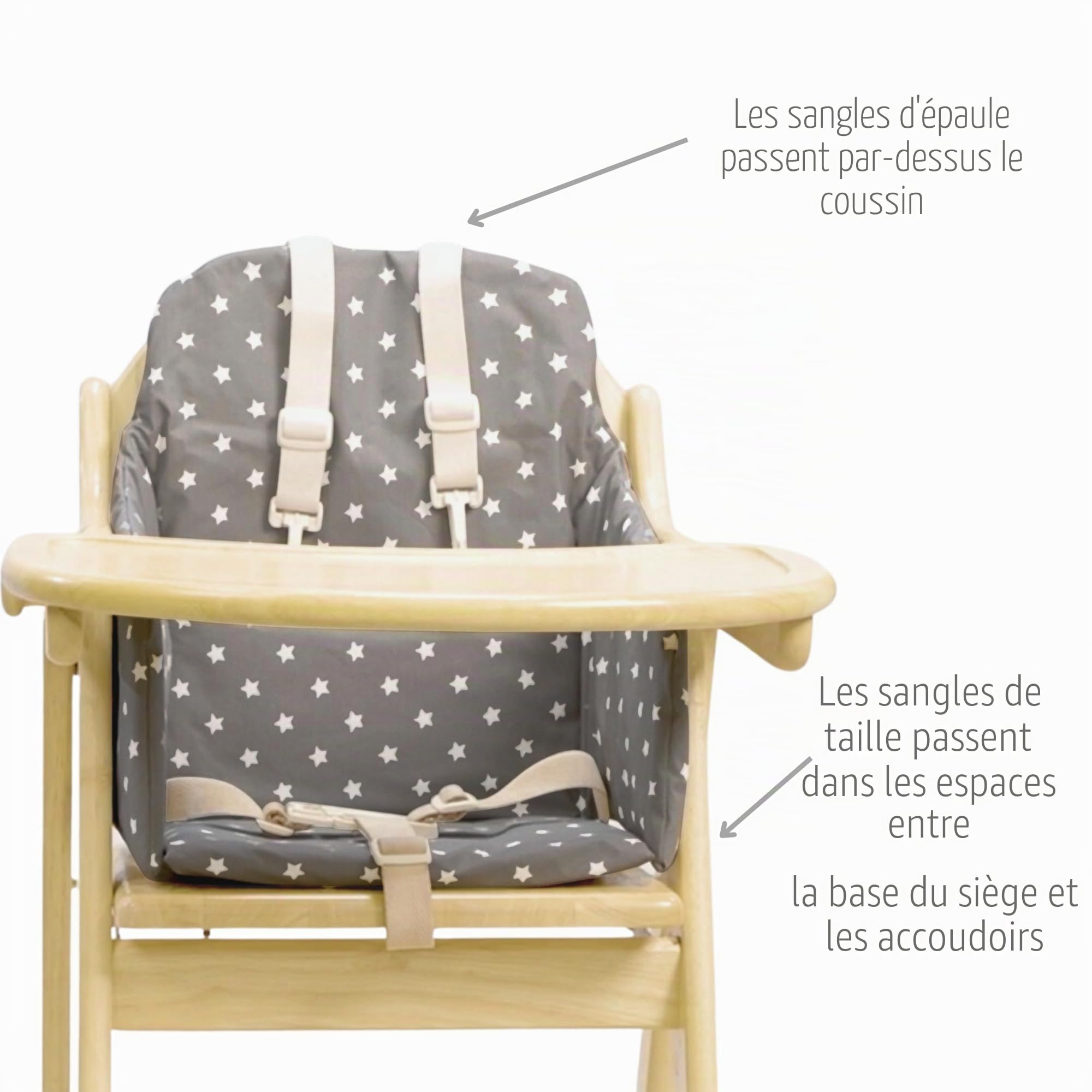 Coussin de chaise haute. Convient aux chaises EAST COAST et à autres chaises hautes en bois. Facile à installer, lavable avec un chiffon. Bien rembourré (gris avec étoiles blanches)