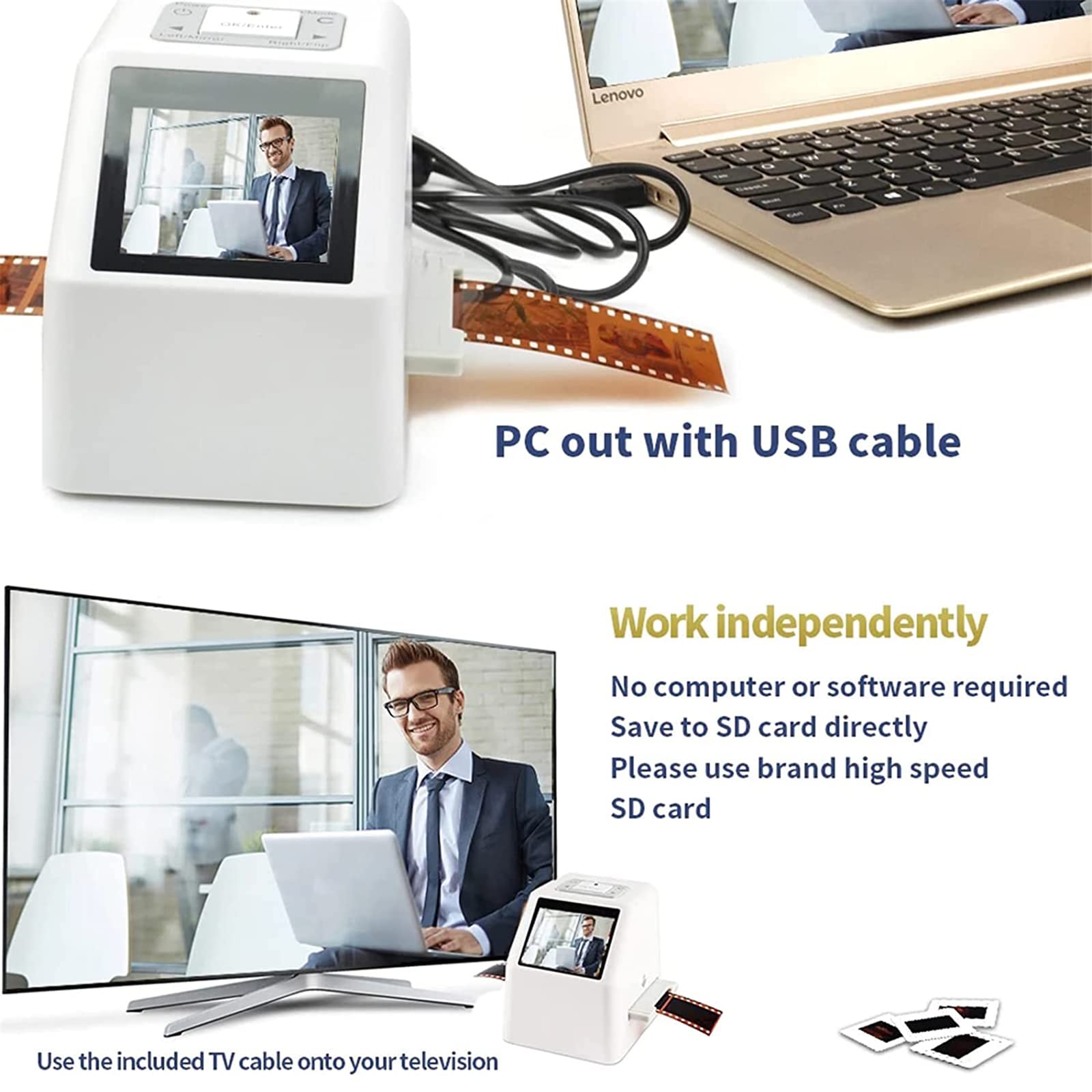 Scanner per Diapositive di pellicole ad Alta risoluzione con Schermo LCD da 2,4", convertitore di pellicole digitali all-in-1 da 22 MP, converte pellicole 35 mm, 126, 110, Super 8, Diapositive e neg