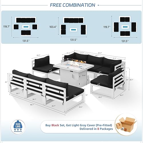Miniatura 848 de NICESOUL 7 Piece White Powder-Coated Aluminum Patio Furniture with Fire Pit Table, 29 Inch Extra Wide Outdoor Sectional Sofa for 6, High-End Heavy