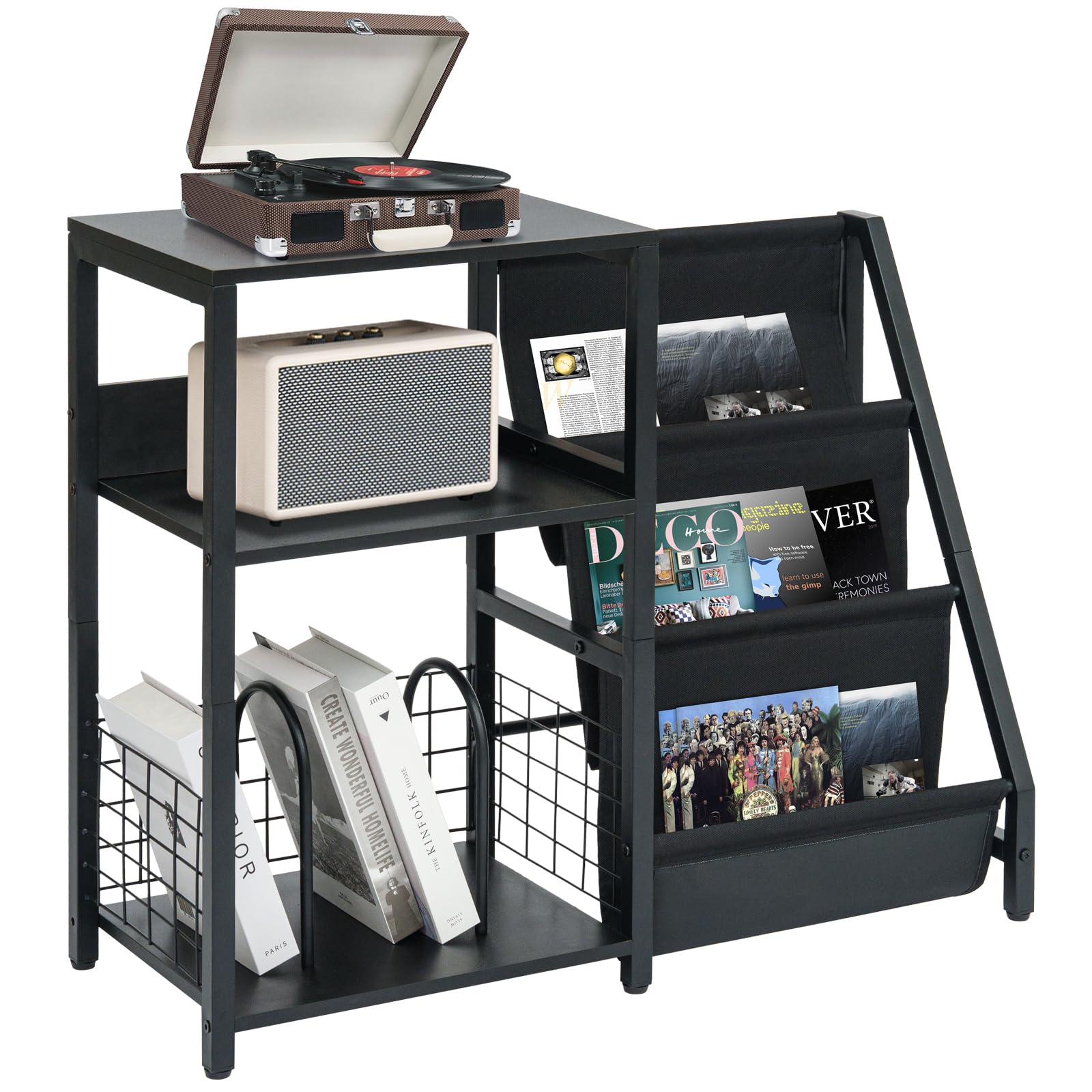 Vinyl Plattenspielerständer, Beistelltisch mit 3-Tier Lagerung für bis zu 200 Alben, Stahlrahmen CD Record Schrank, Plattenspielerständer und Holz Record Regal Schrank für Wohnzimmer, Rec Room