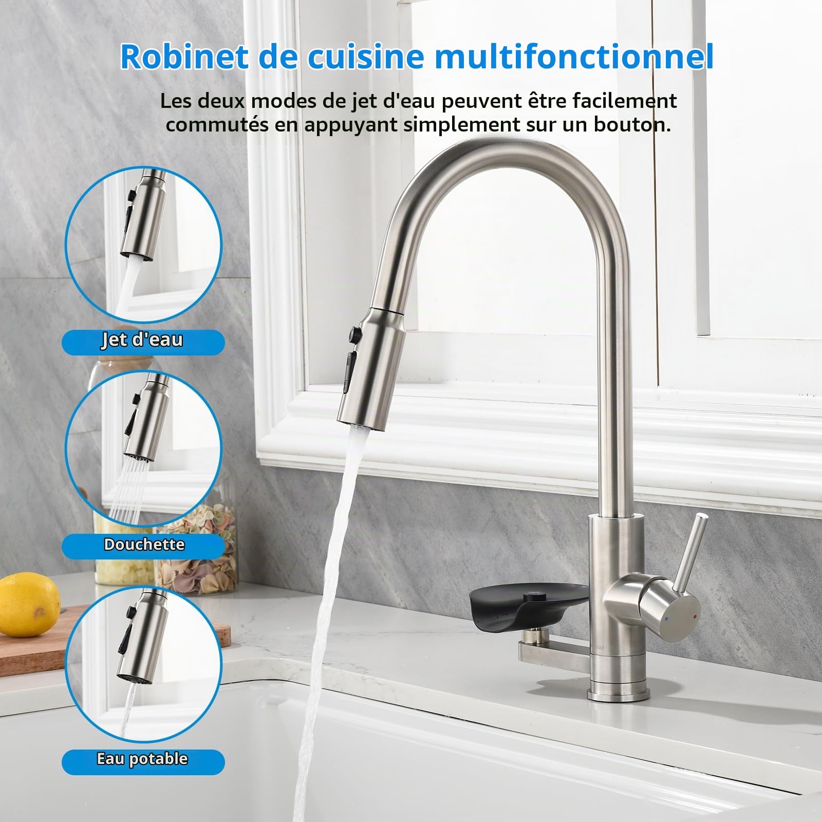 Robinet Cuisine 3‑en‑1 Filtre Lave-verres, Douchette Extractible Double jet | Mitigeur Cuisine avec Douchette,Mynaiad acier 304 Brossé, évier 3 voies, Rotation 360° Adapté Cuisine