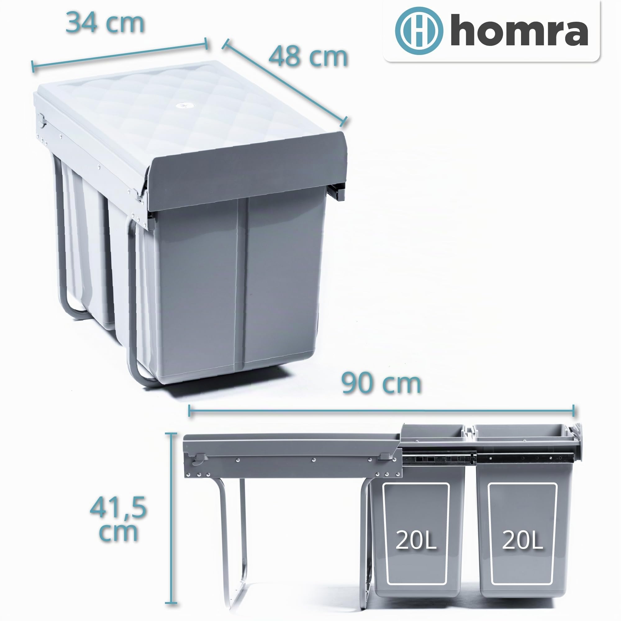 Homra Mülleimer 2 Fächer Ausziehbar | Einbaumülleimer Küche 2x20l | Mülltrennsystem Unterschrank | Doppelmülleimer Müll-Trennsystem | Abfalleimer Mülltrennung | 34x48x41,5cm für Schränke ab 40cm Breit
