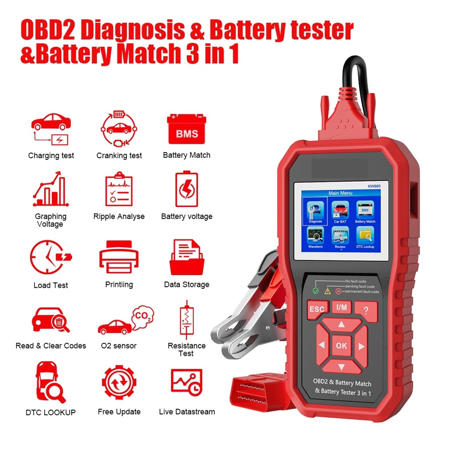 Tester obciążenia akumulatora, Tester akumulatora samochodowego KW880 analizator samochodowy narzędzie diagnostyczne akumulator pasuje do skanera samochodowego