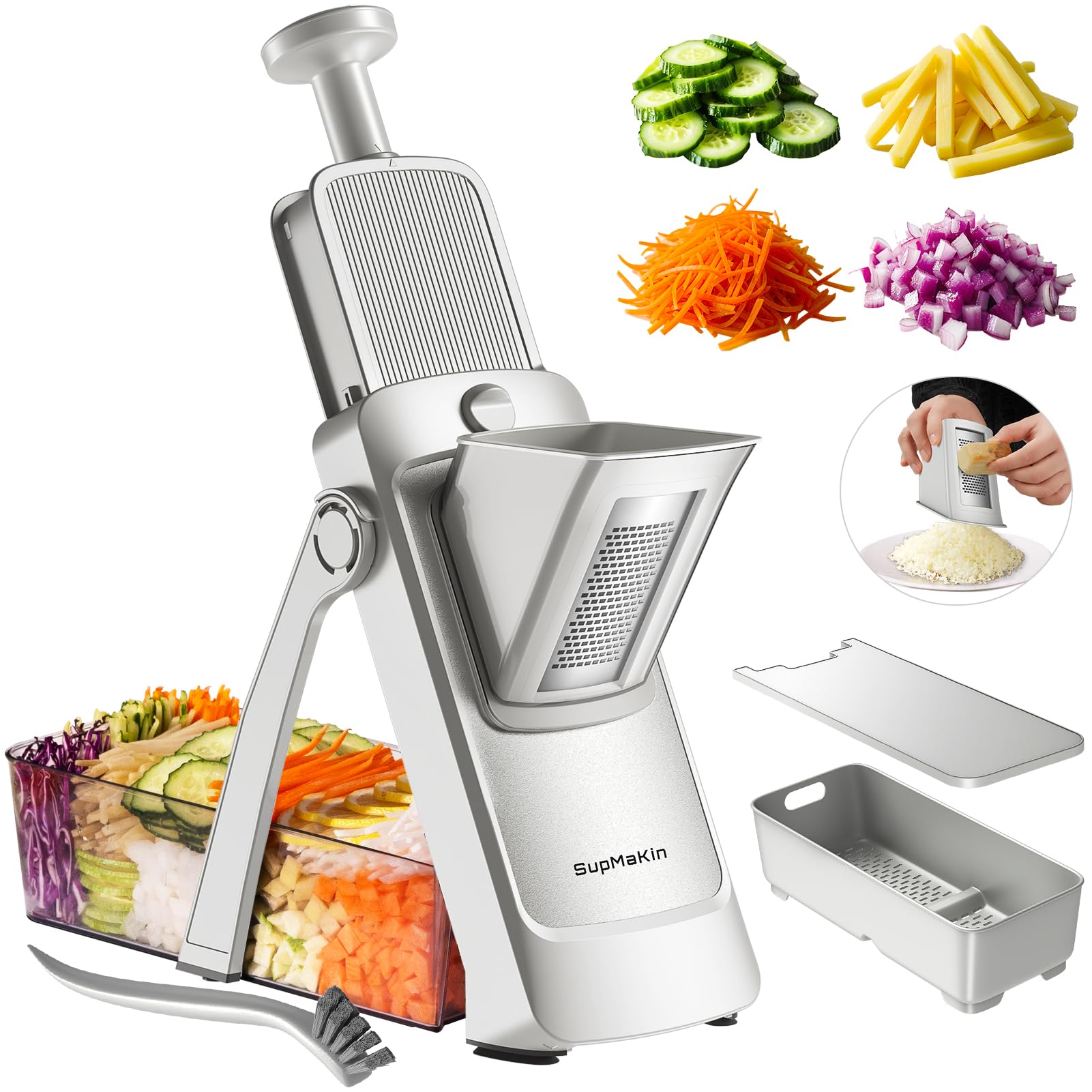 SupMakin Gemüseschneider, Once for All Verstellbar Gemüsehobel Genius Mandoline Vegetable Slicer Kartoffelschneider Zwiebelschneider (Verbessertes Silbergrau)