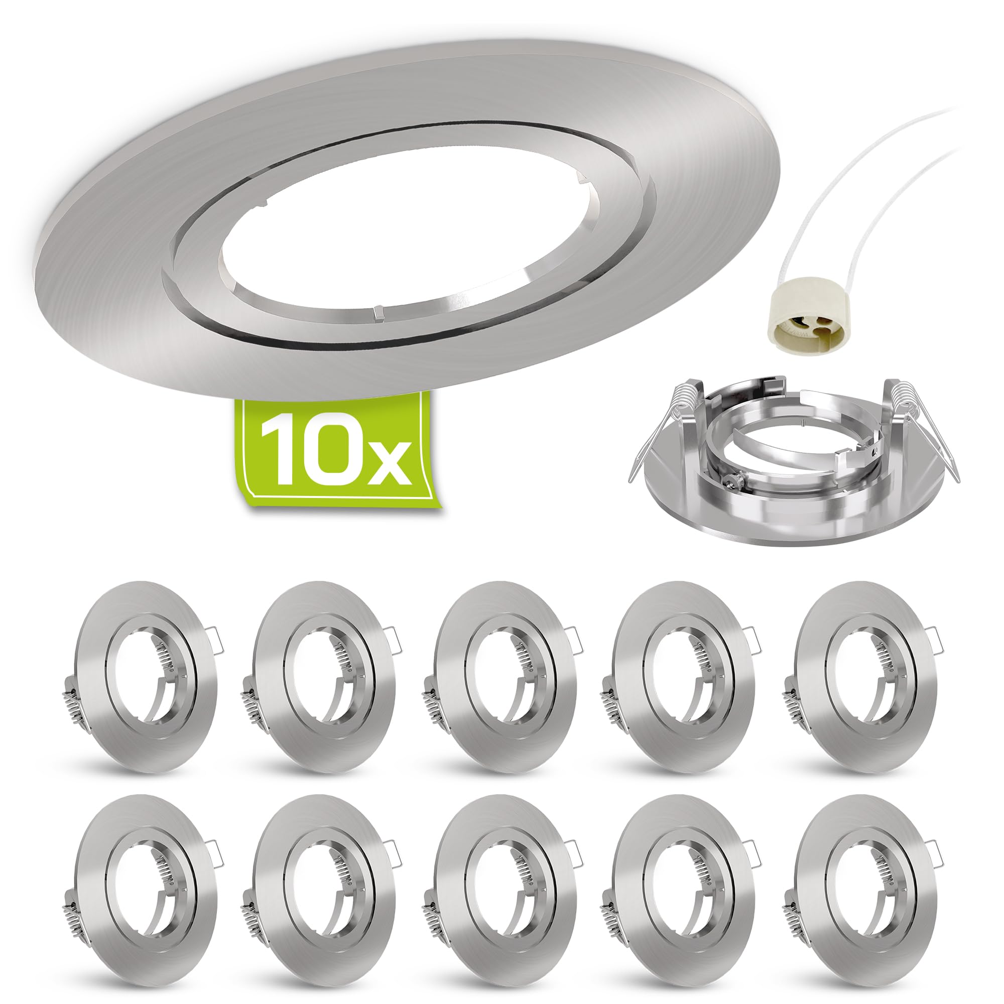 linovum 10x Einbaustrahler Rahmen Set - Einbaurahmen rund Edelstahl Optik gebürstet starr inkl. GU10 Fassung für LED, Halogen