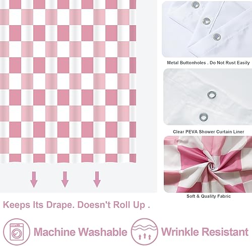 Miniatura 5 de Cortina de ducha a cuadros de ORTIGIA y juego de forro de PEVA, rosa y blanco, lindas cortinas de ducha retro a cuadros con 12 ganchos de metal