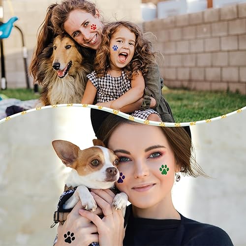 Miniatura 6 de 30 hojas de 240 piezas de tatuajes temporales con purpurina de pata de perro, tatuaje de huellas de patas, tatuajes faciales, tatuajes corporales