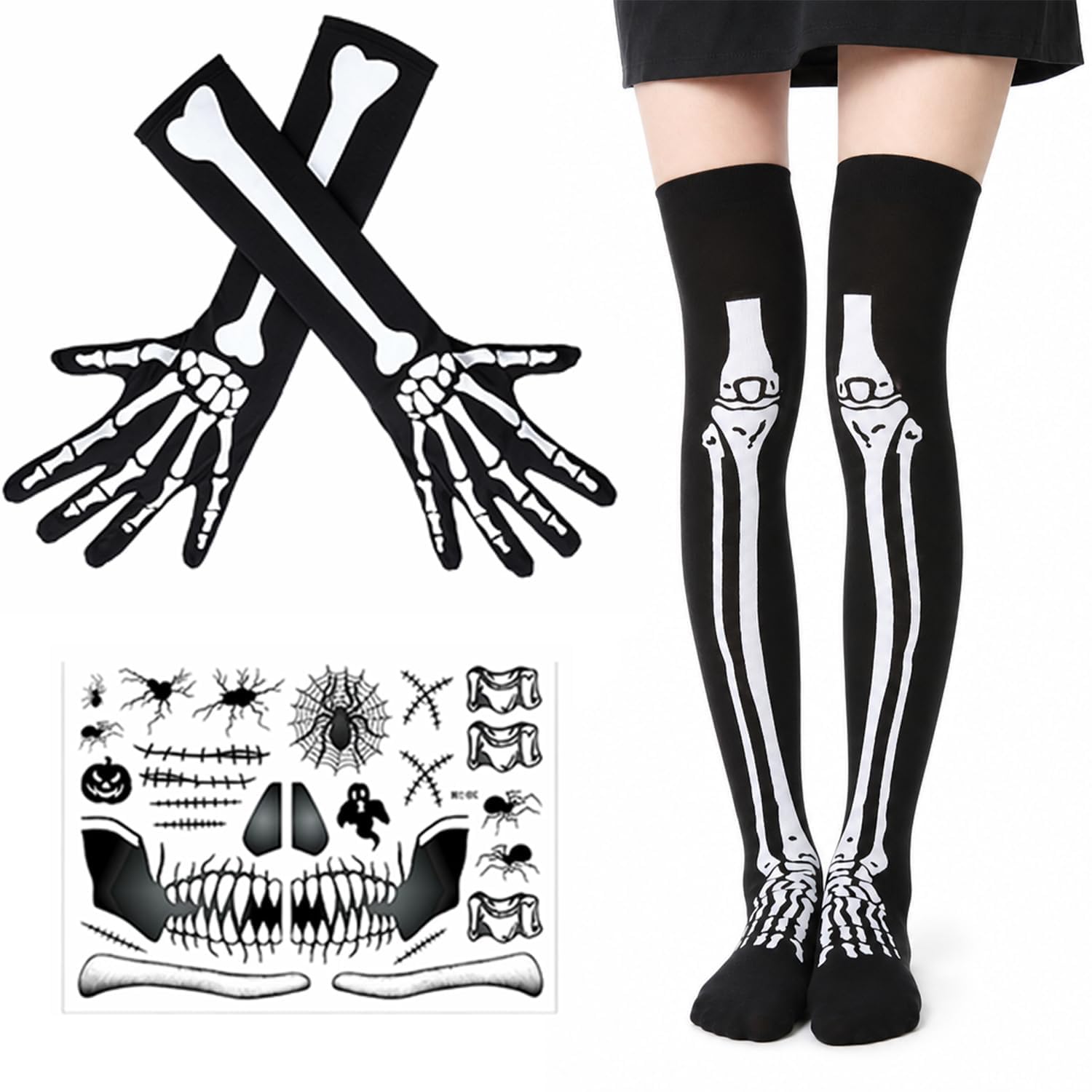 BOFYTR 5-Pair Skeleton Costume Set with Skeleton Gloves, Tights and Sticker