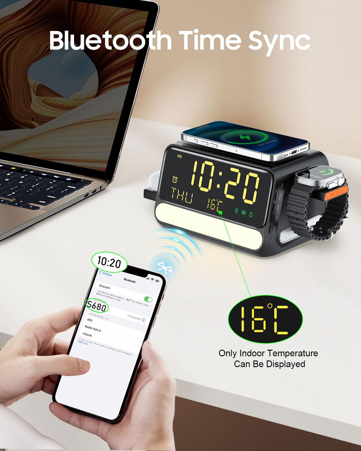 Stazione di ricarica wireless 7-in-1 con sveglia, luce notturna a controllo vocale, temperatura e data, 33W, supporto di ricarica rapida compatibile con telefoni iPhone Samsung, Apple/Samsung Watch